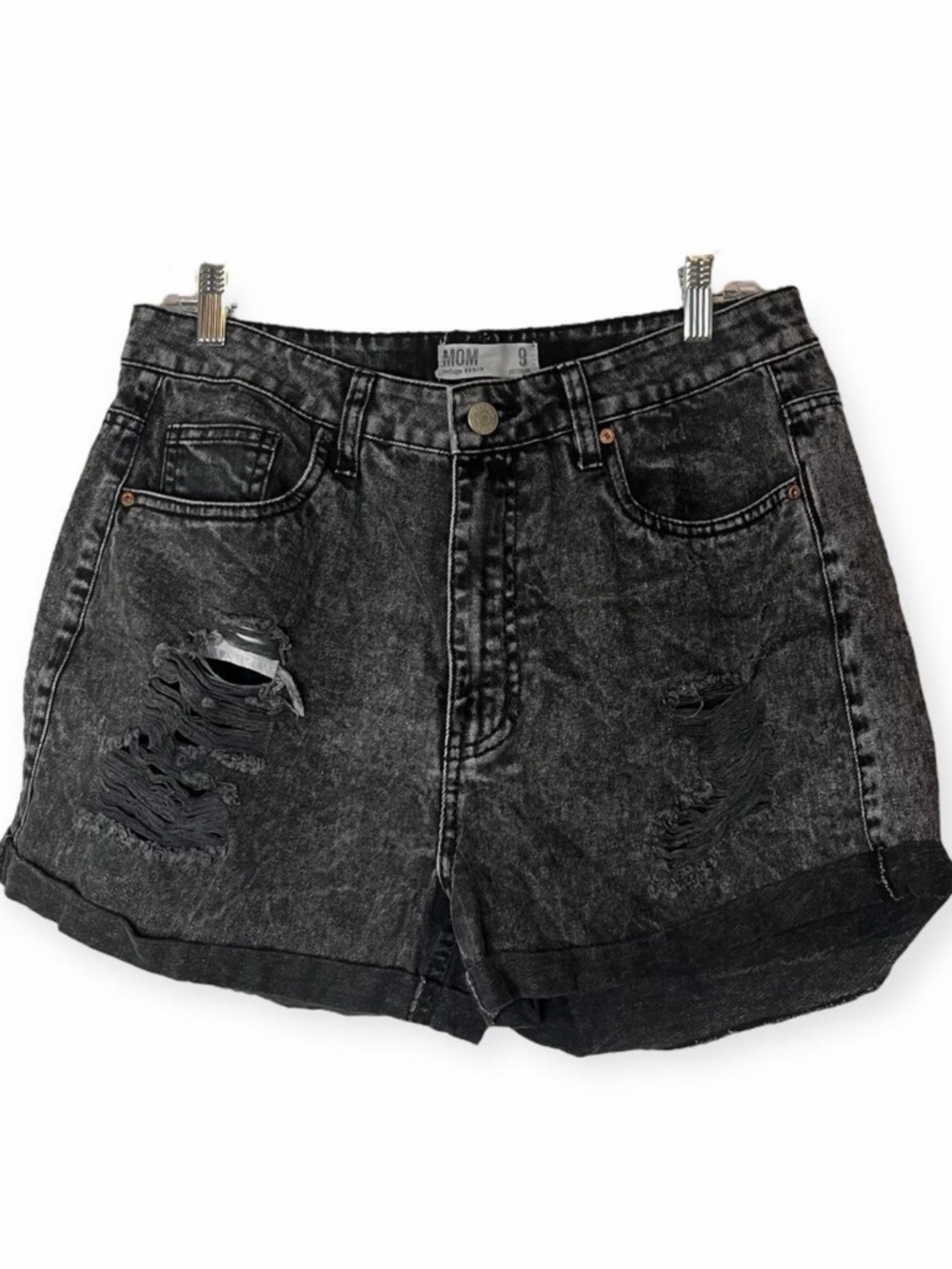 Refuge Black Distressed Mom Shorts High Rise Cuffed Denim‎ Goth Grunge Size 9